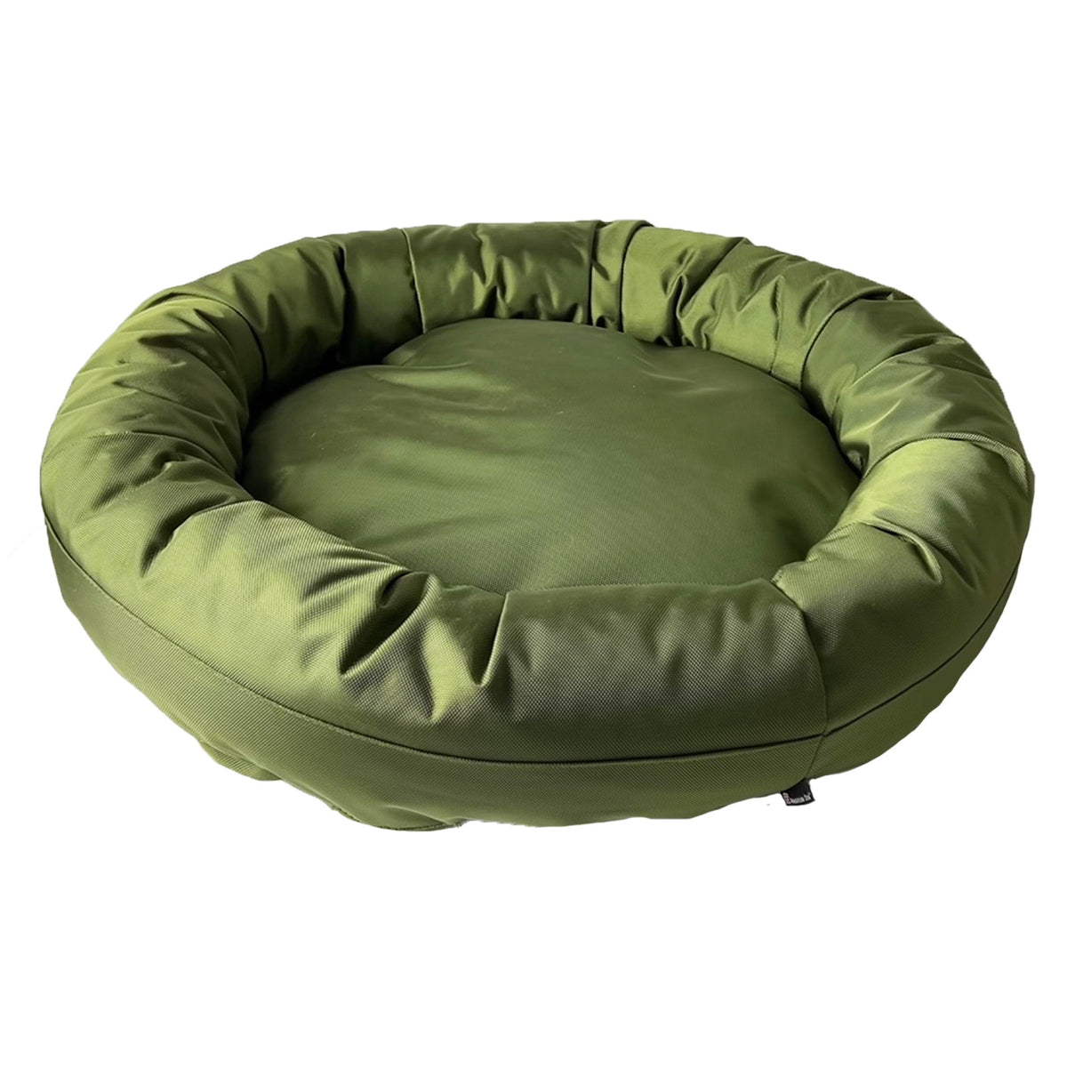 Round Bolstered Armor dog bed in olive green seen from above, a wide center cushion inside the rim