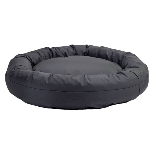 American Dog Round Bolstered Armor dog bed in charcoal gray, ballistic nylon with a raised rim, on a white background