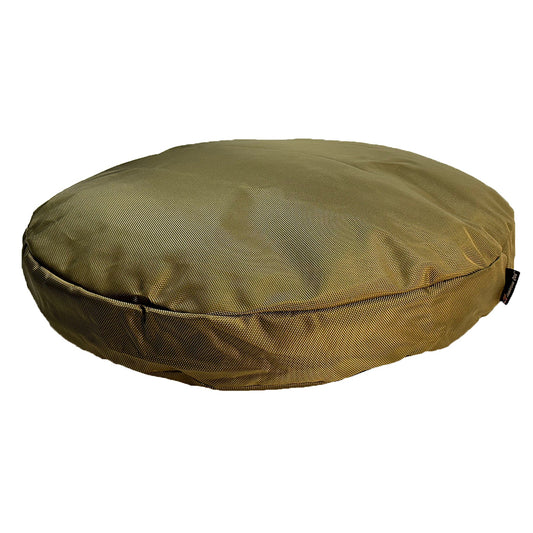 American Dog Round Armor round dog bed in camel, ballistic nylon cushion on a white background