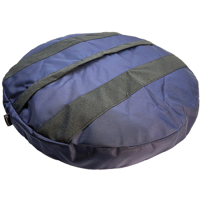 Underside of the midnight navy Round Armor dog bed with its non-skid strips
