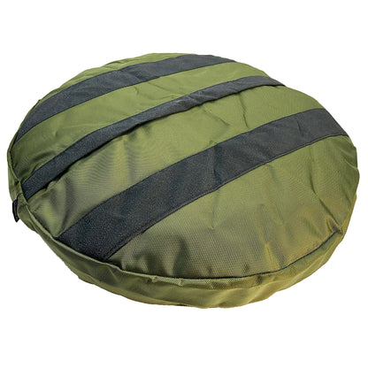 Underside of the olive Round Armor dog bed with two black non-skid strips