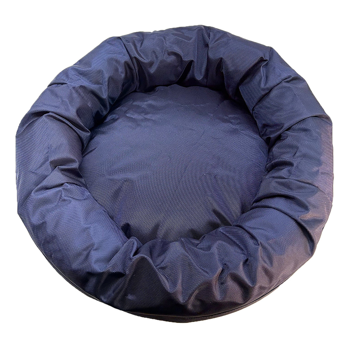 Round Bolstered Armor dog bed in midnight navy, top view looking into the round center cushion