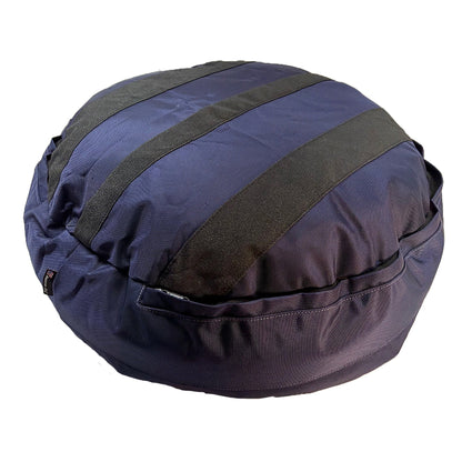 Round Bolstered Armor dog bed in midnight navy, underside with three black non-skid strips