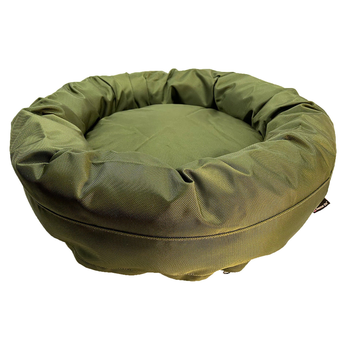 Round Bolstered Armor dog bed in olive green, side view of the deep gathered rim