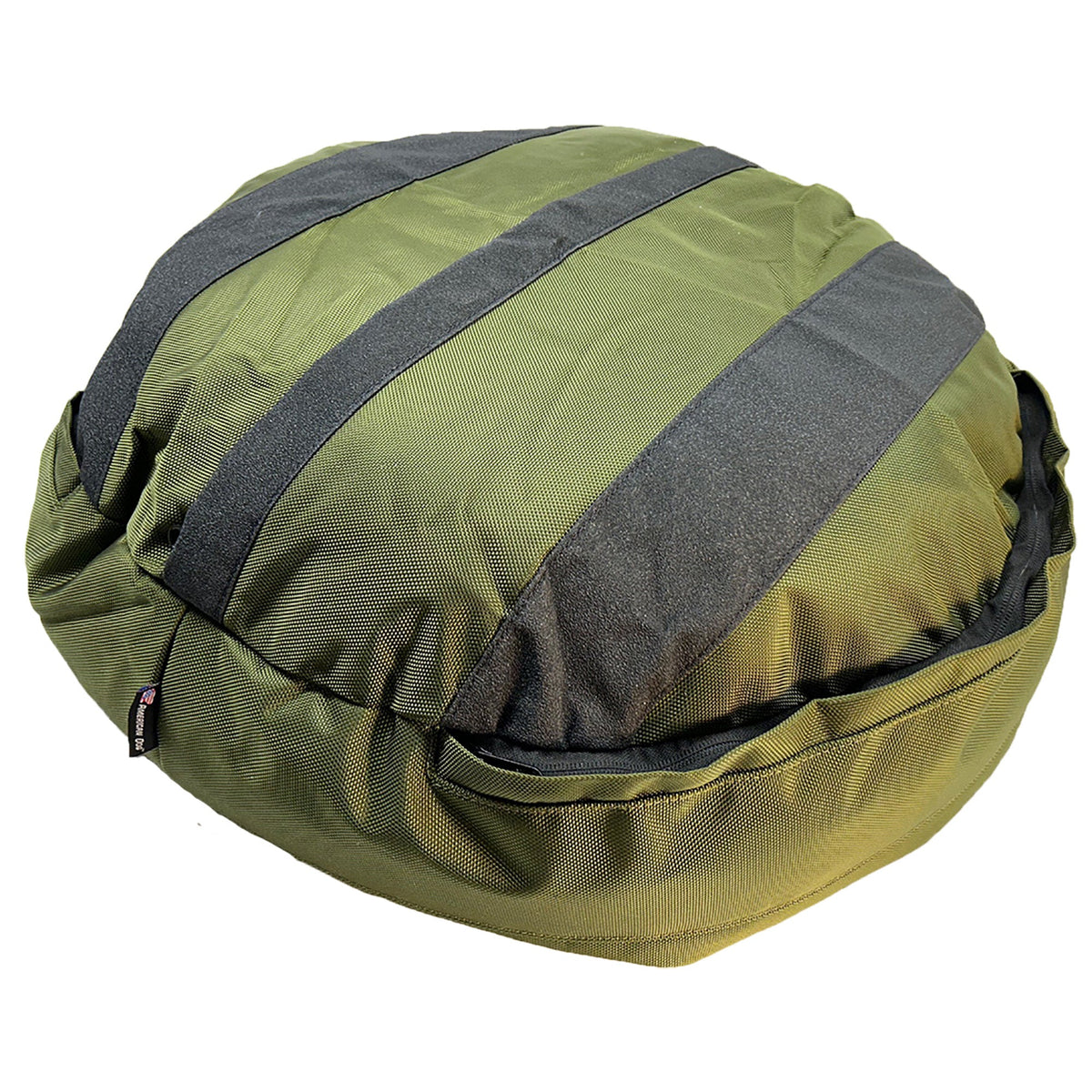 Round Bolstered Armor dog bed in olive, underside with three black non-skid strips and the cover zipper