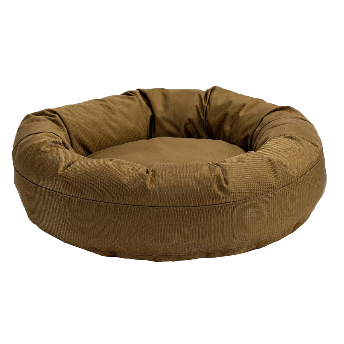 Round Bolstered Armor dog bed in camel, a tan ballistic nylon bolster bed, side view