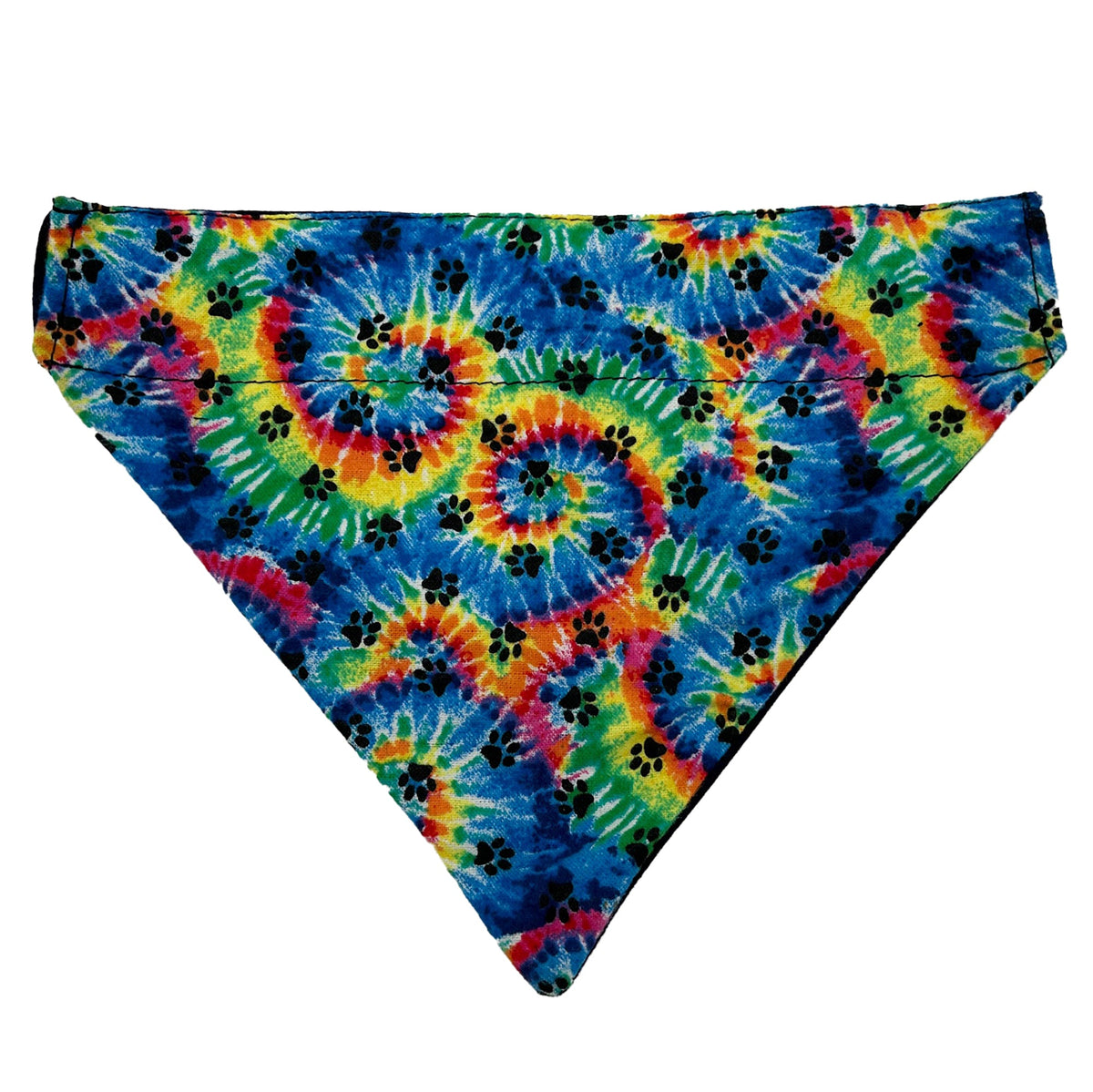 Slip-on dog bandana in paw swirl tie-dye, small black paw prints over rainbow spiral tie-dye