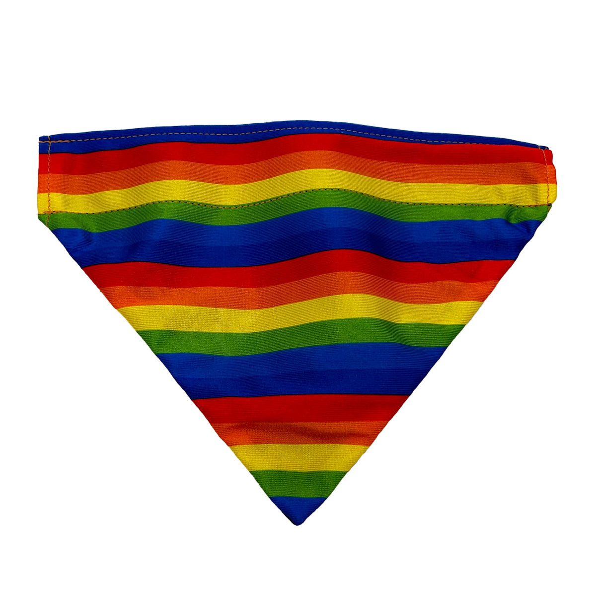 American Dog slip-on dog bandana in rainbow stripes, laid flat with the sewn collar channel along the top