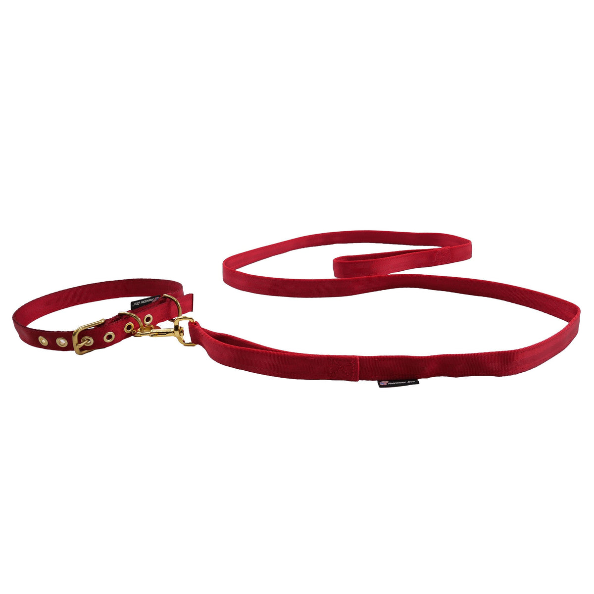Seatbelt webbing dog leash in red, clipped to the matching red seatbelt collar (sold separately)