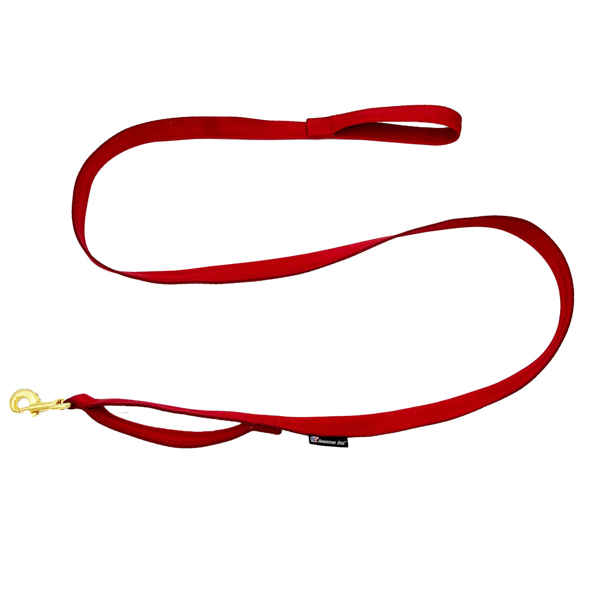Seatbelt webbing dog leash in red, 6 ft, with its end loop and a second handle just above the snap hook