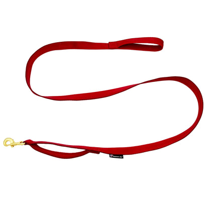 Seatbelt webbing dog leash in red, 6 ft, with its end loop and a second handle just above the snap hook