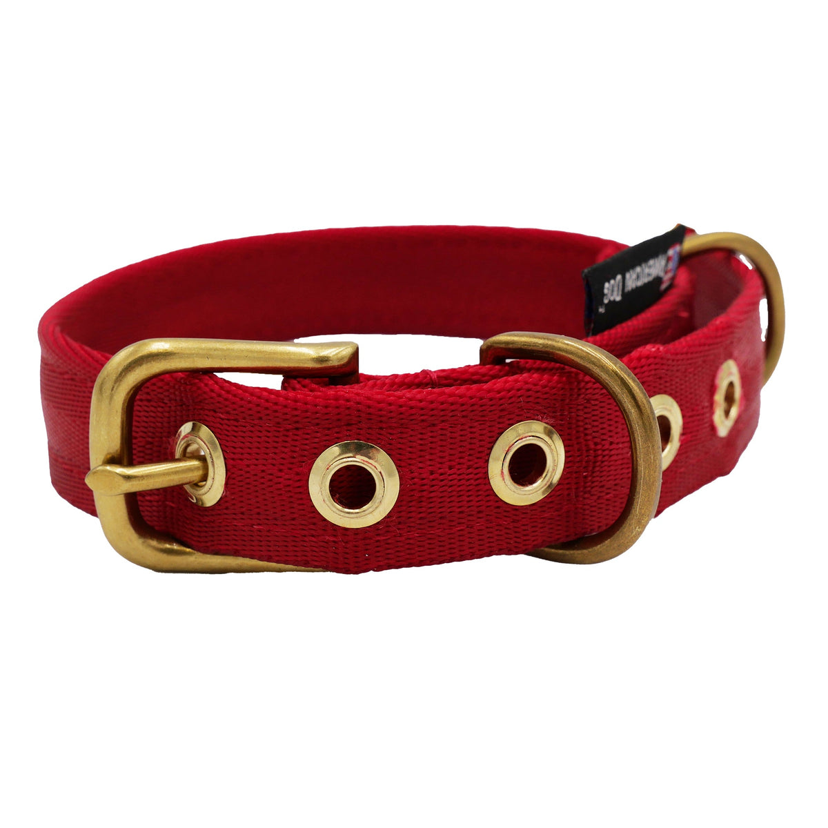 Seatbelt webbing dog collar in red with brass buckle and grommets, front view