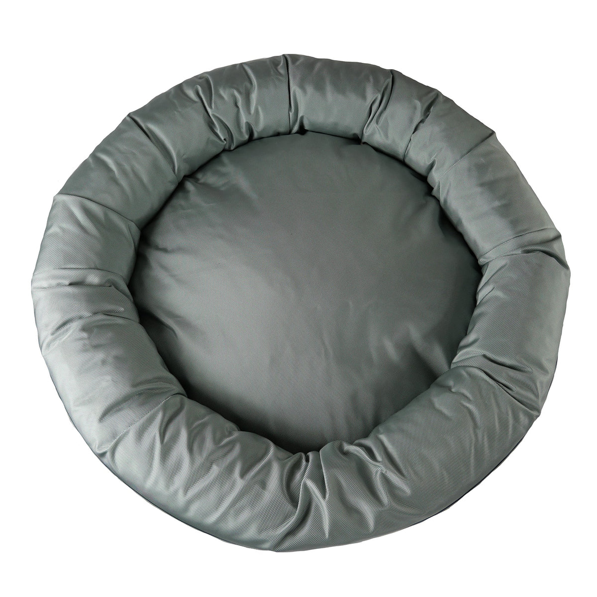 Round Bolstered Armor dog bed in silver gray, top-down view of the full ring of bolster