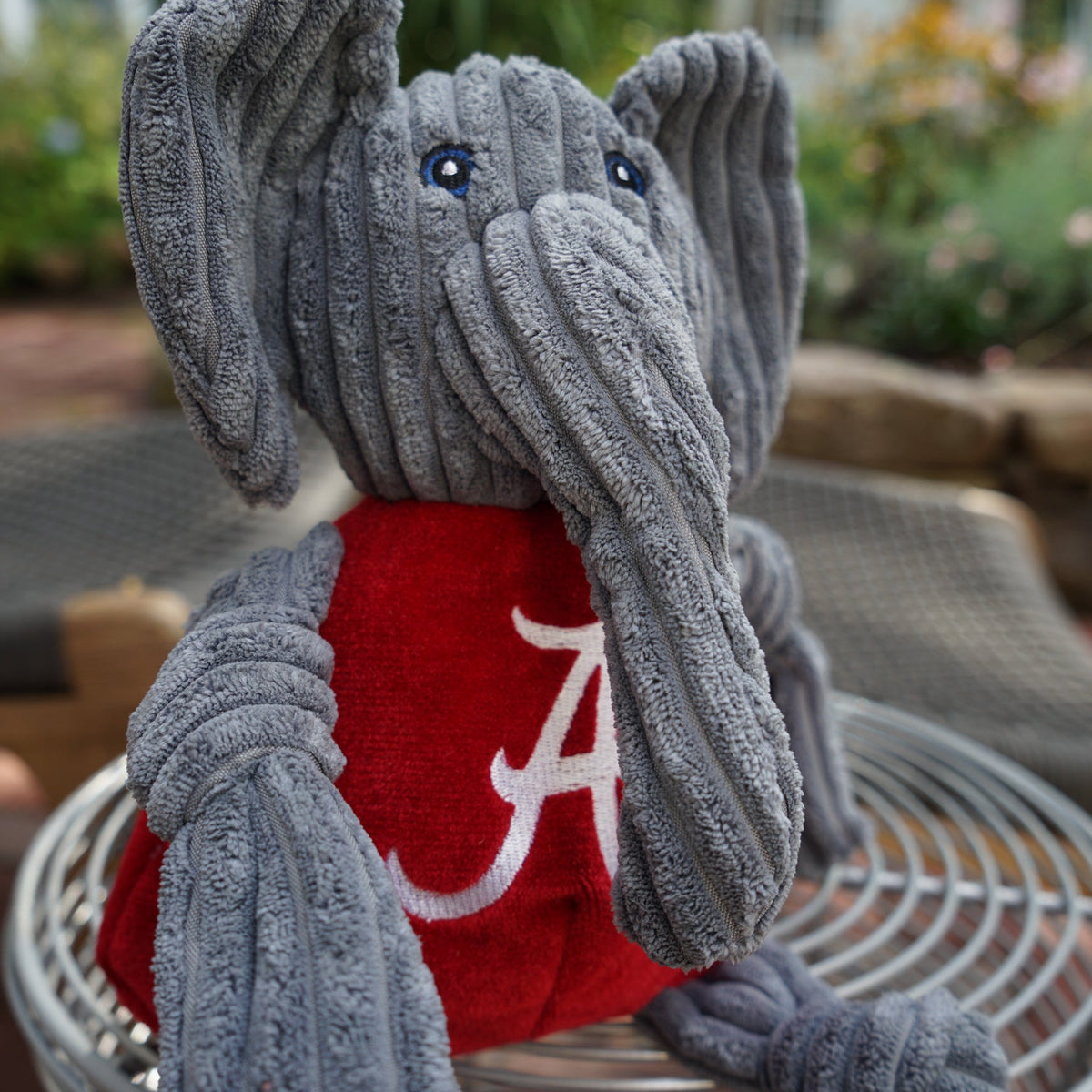 Big Al Knottie dog toy close-up on a round wire seat outdoors, long corduroy trunk and blue stitched eyes