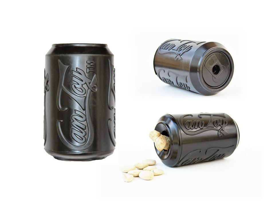 Black SodaPup Magnum Can Toy upright, with two views on its side showing the opening and a biscuit inside