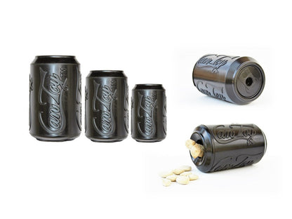 Three sizes of the black SodaPup Magnum Can Toy, plus side views of the treat opening and a biscuit inside
