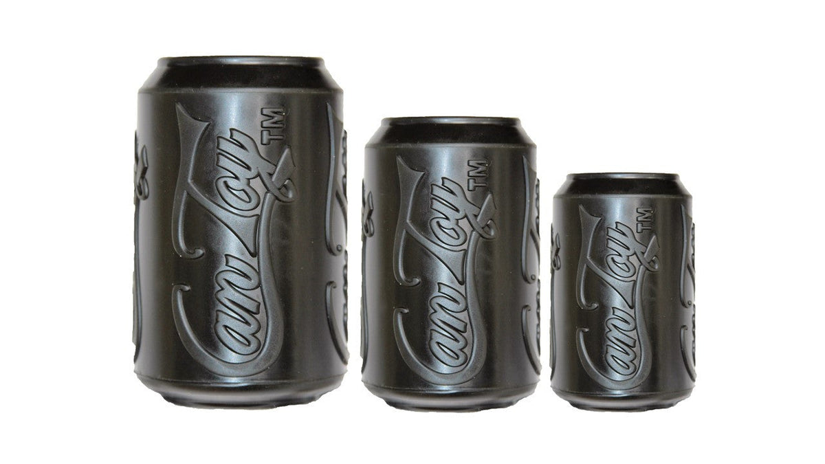 Black SodaPup Magnum Can Toy in three sizes lined up from largest to smallest
