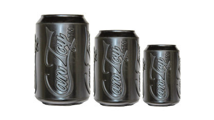 Black SodaPup Magnum Can Toy in three sizes lined up from largest to smallest
