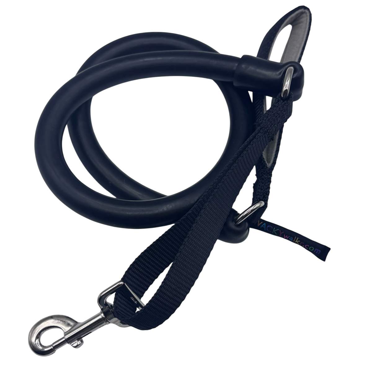 WUNDERleash stretch leash in black, coiled, with the nylon traffic handle and clip in front