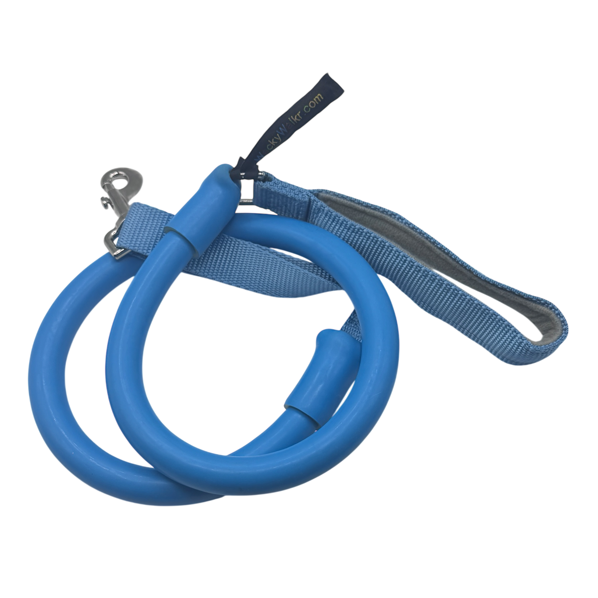 WUNDERleash stretch leash in blue, coiled, showing the rubber tube, padded handle, and clip