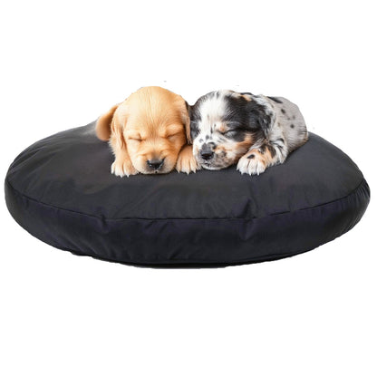 Two puppies asleep side by side on the black Round Armor dog bed