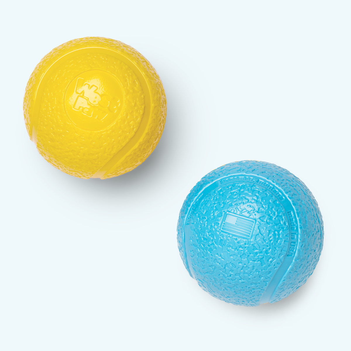 West Paw Boundr squishy ball, Small two-pack in dandelion yellow and aqua, textured Zogoflex fetch balls