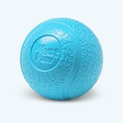 Boundr squishy ball, Large in aqua, a single ball with the embossed West Paw logo