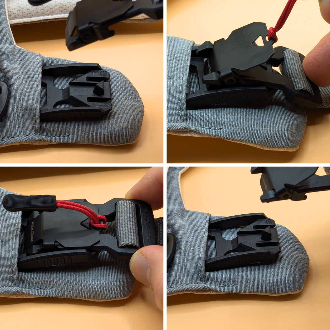 Four close-ups of the Up Dog harness magnetic buckle: open, lining up, clicked shut, and released