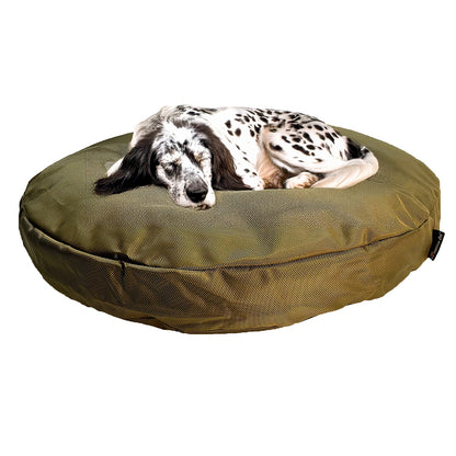 English setter asleep on the camel Round Armor round dog bed