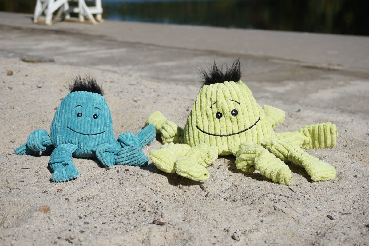 Octavie Octopus Knottie dog toys in teal and lime green sitting side by side on sand by the water