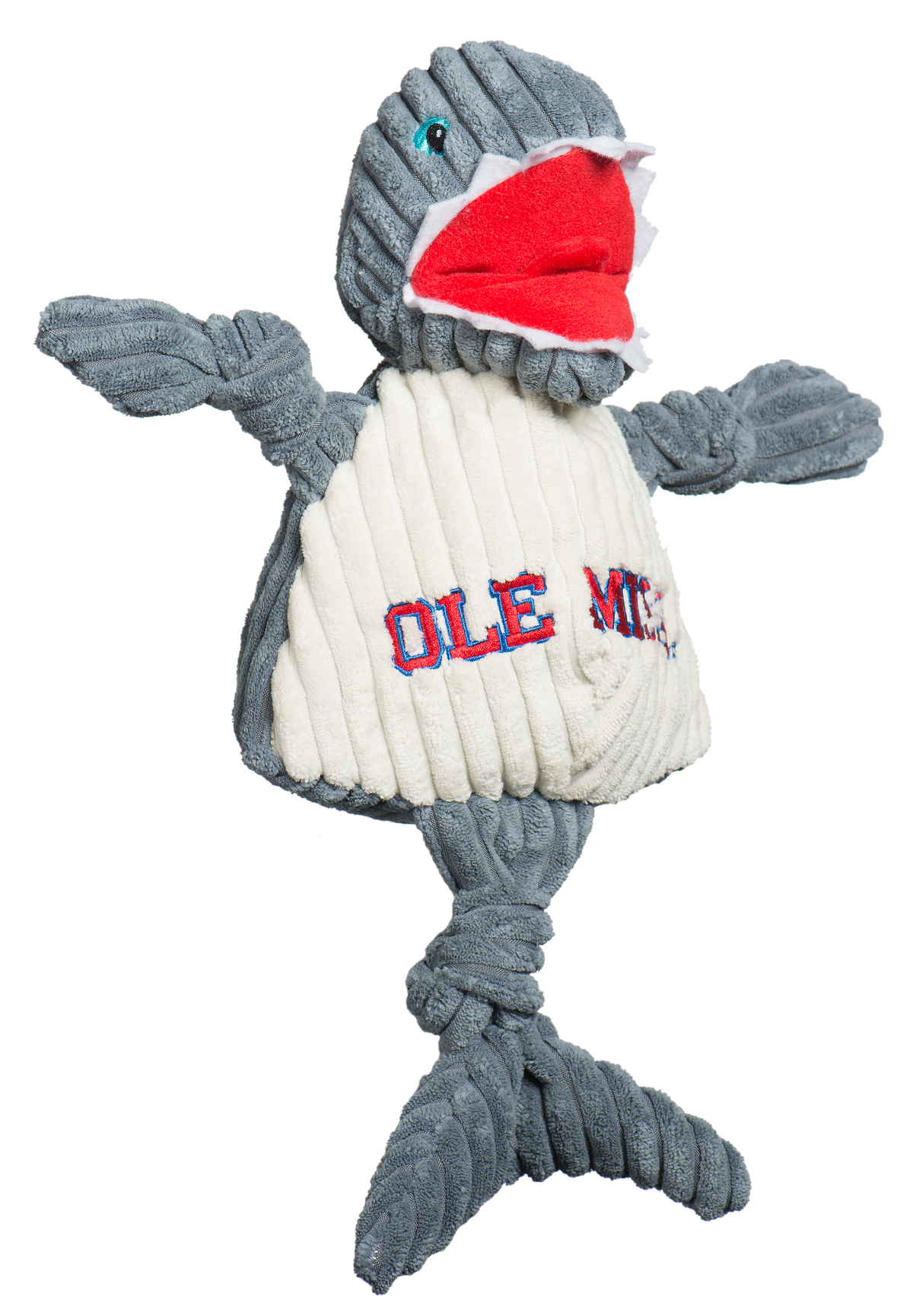 HuggleHounds Ole Miss Tony the Landshark Knottie plush dog toy on white, gray shark with a red mouth and OLE MISS belly