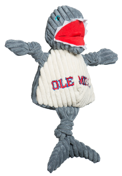 HuggleHounds Ole Miss Tony the Landshark Knottie plush dog toy on white, gray shark with a red mouth and OLE MISS belly