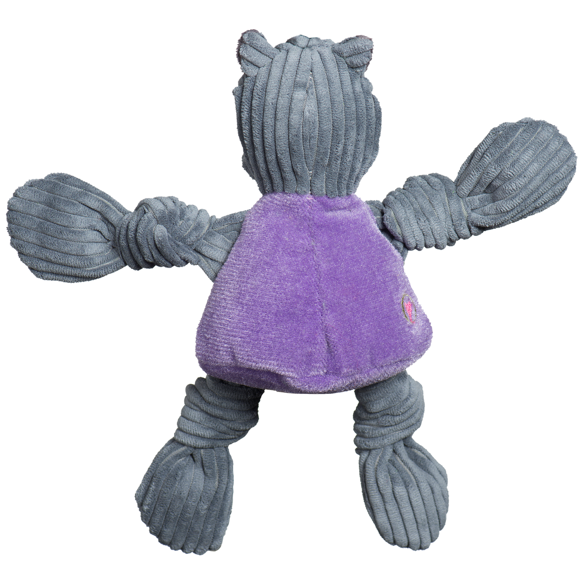 Willie the Wildcat Knottie dog toy from the back, purple shirt, gray corduroy ears and wide knotted paws