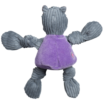 Willie the Wildcat Knottie dog toy from the back, purple shirt, gray corduroy ears and wide knotted paws