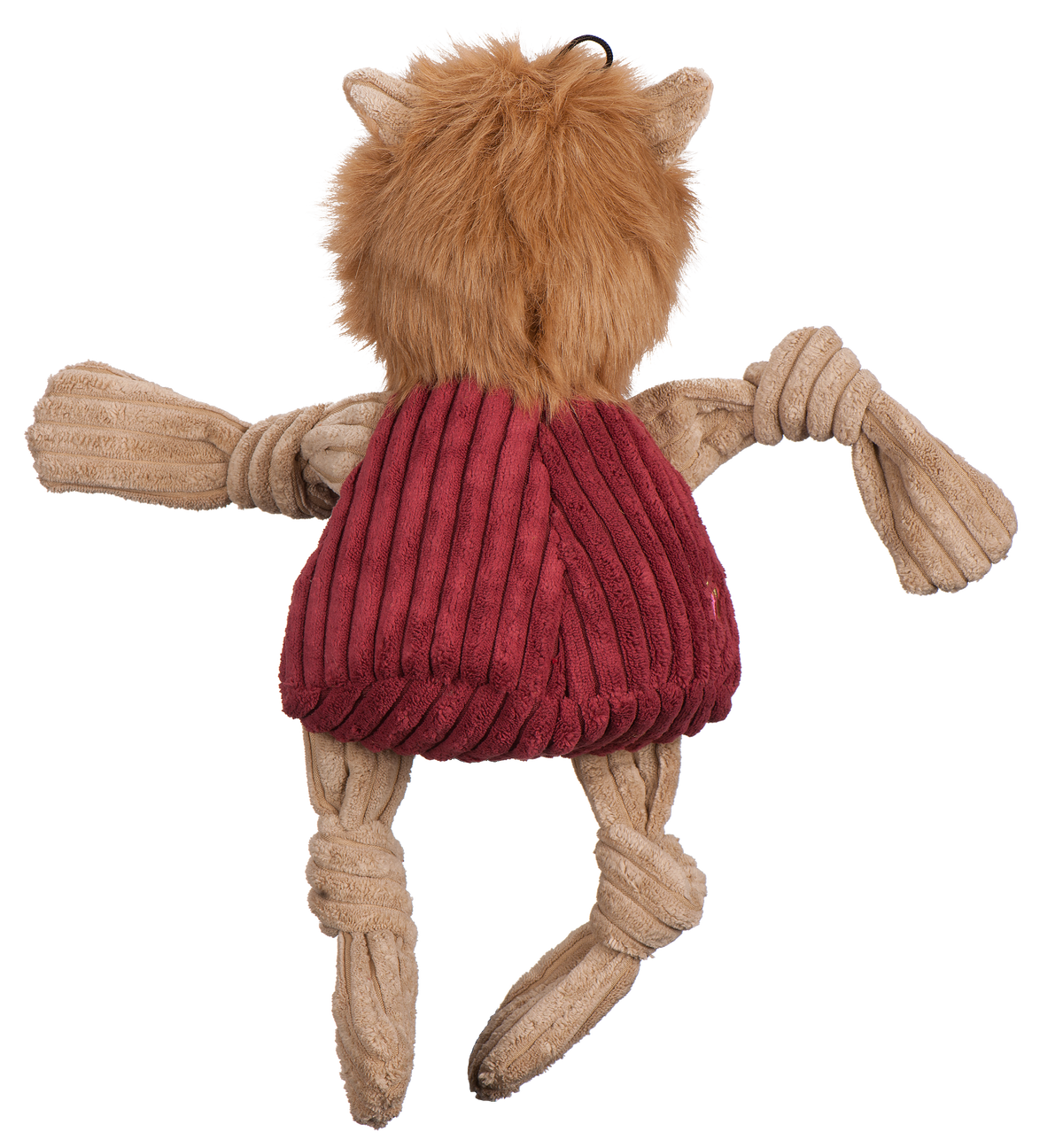 Reveille Knottie dog toy from the back, shaggy faux fur ruff and maroon corduroy shirt