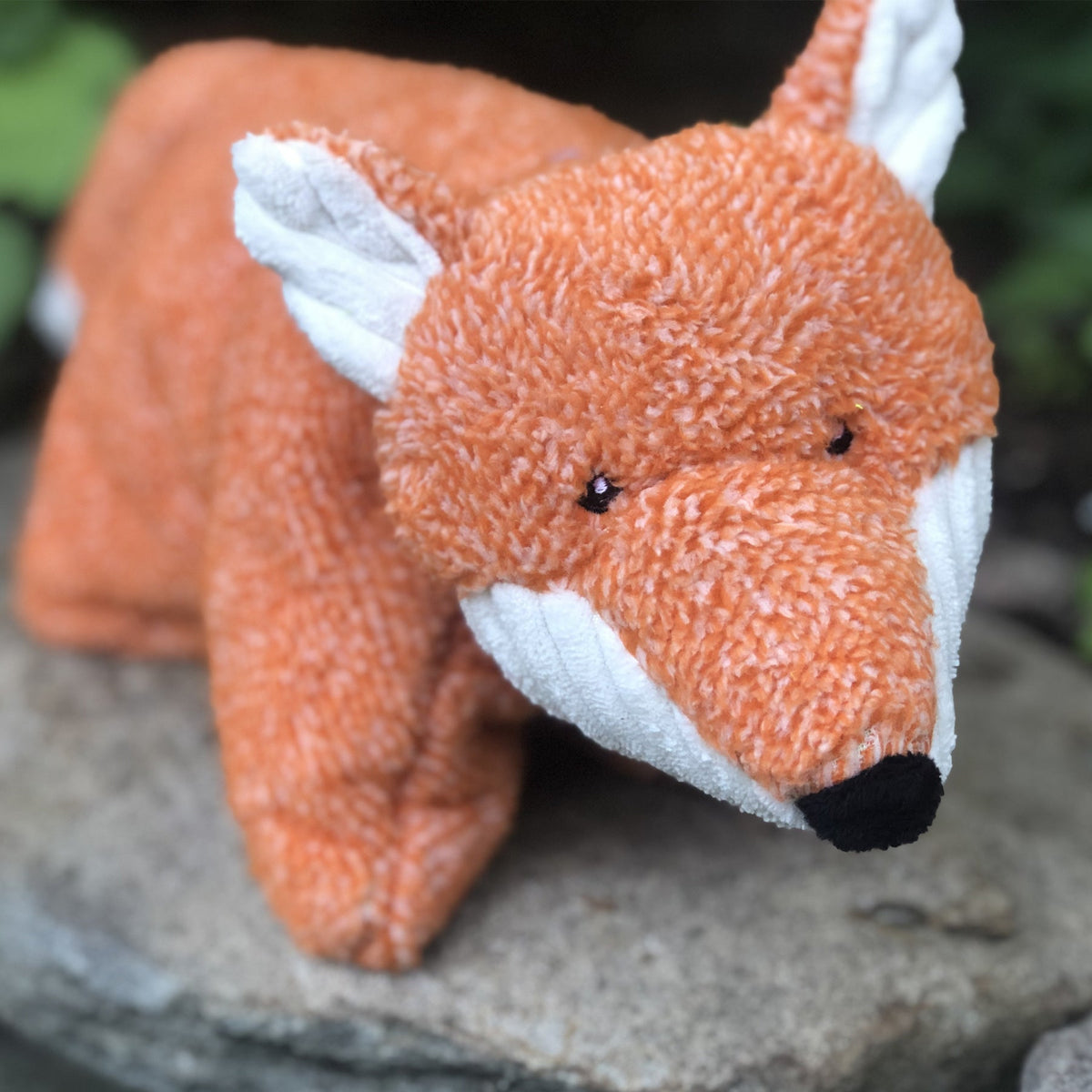 Squooshie Fox plush toy on a garden stone outdoors, close-up of its tweedy orange face and white corduroy ears