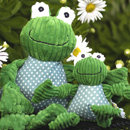 Fergie Frog Knottie dog toys in two sizes sitting together among white daisies outdoors