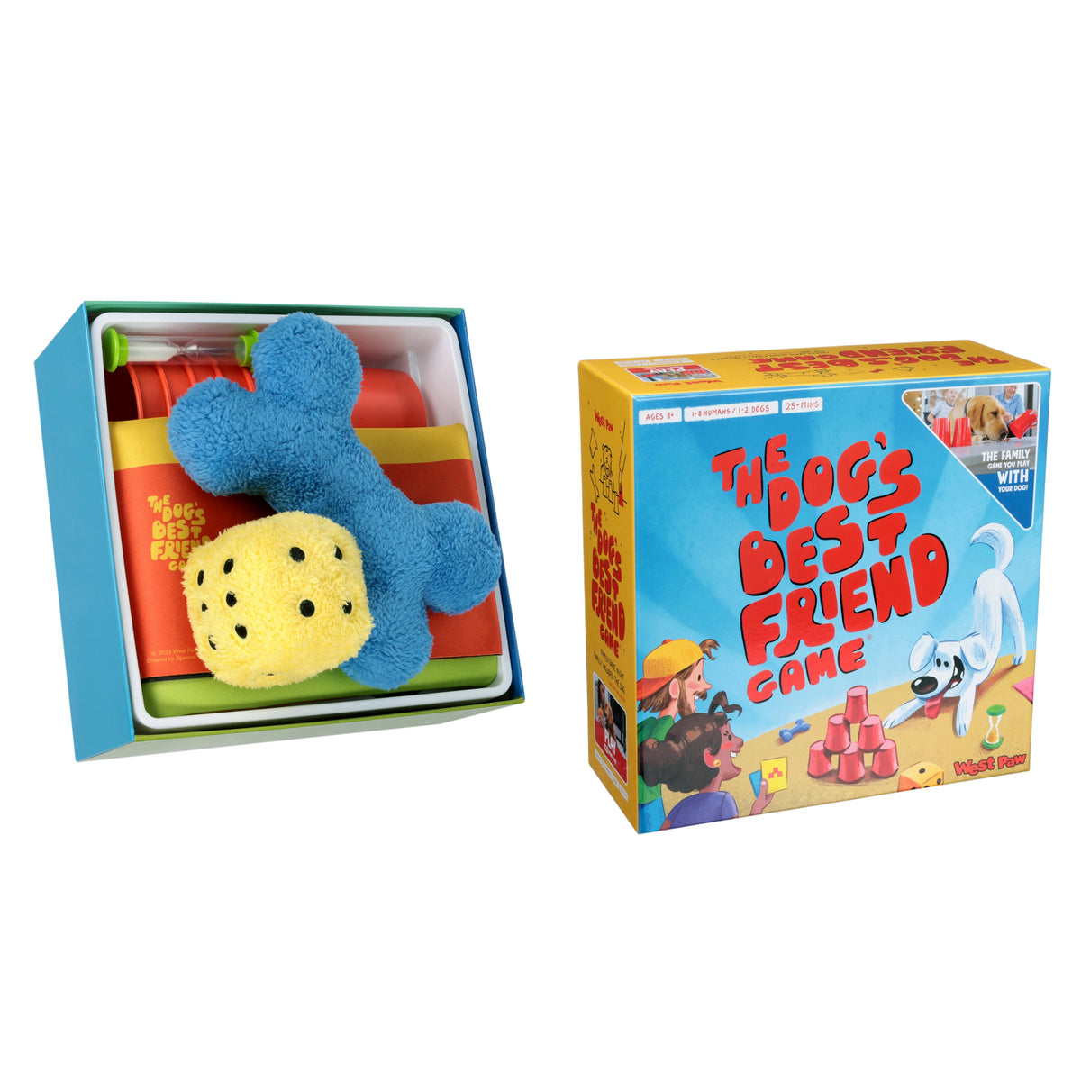 Dog's Best Friend Game box opened to show the plush bone and plush die packed on top, next to the closed box