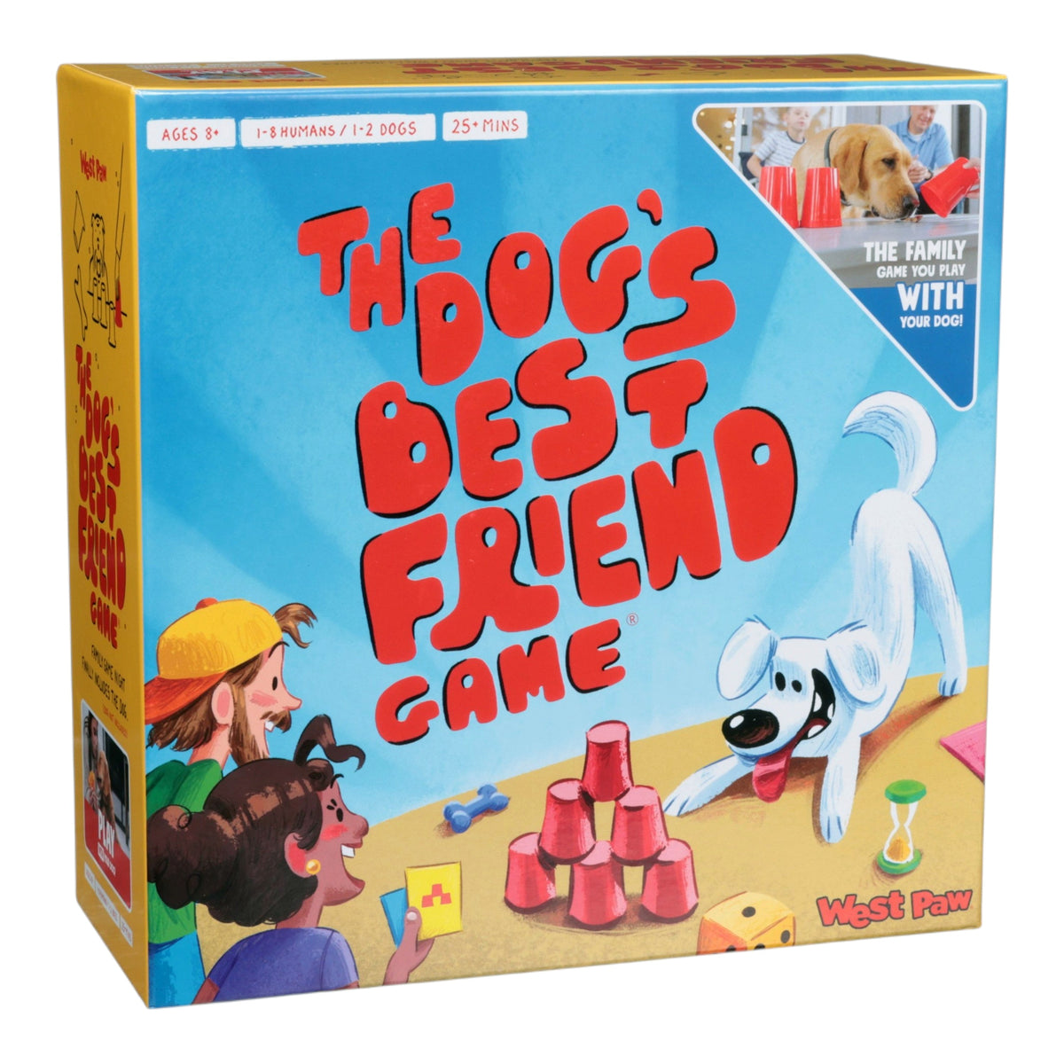 Dog's Best Friend Game box front, a cartoon white dog and two players beside a pyramid of red cups