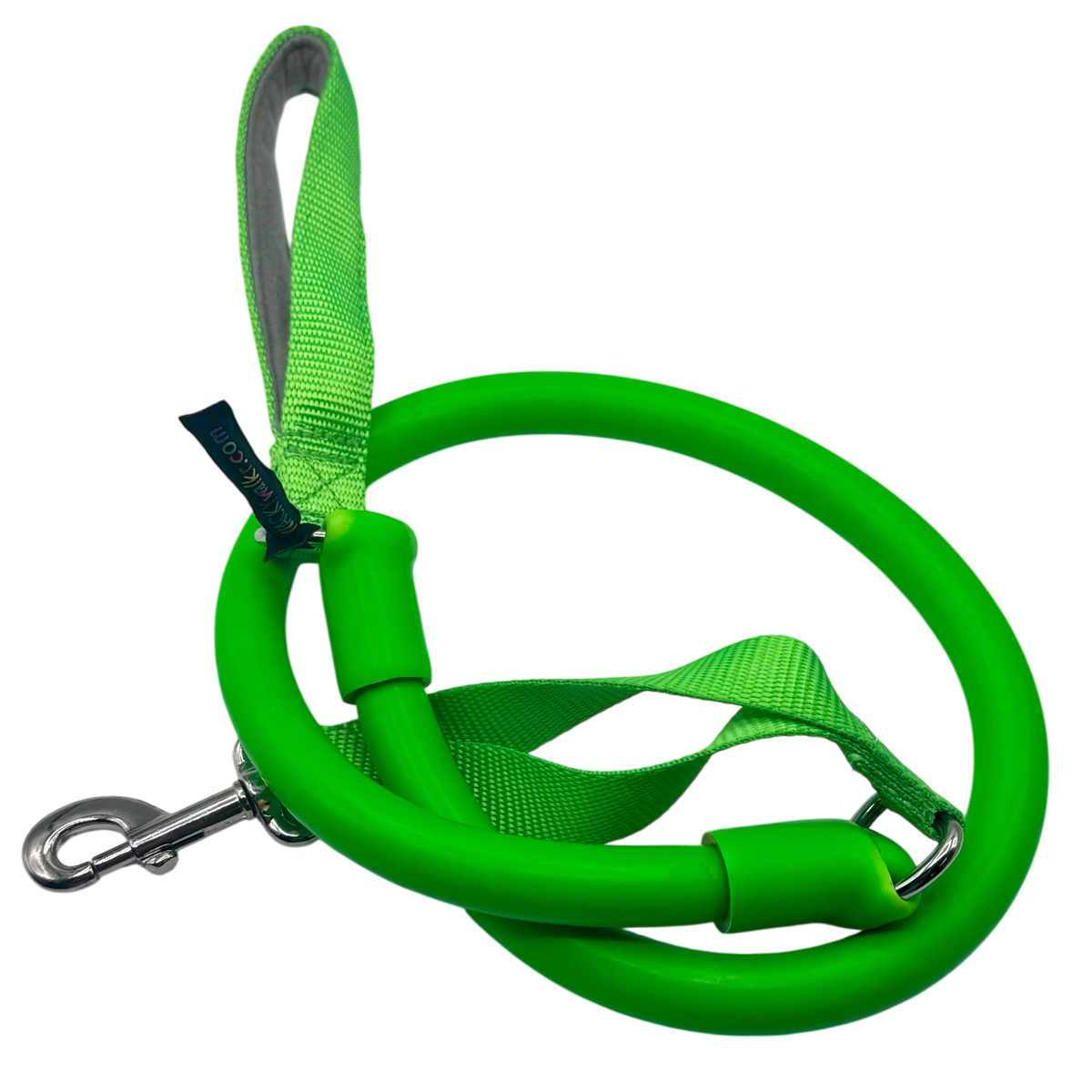 WUNDERleash stretch leash in bright green, coiled, with the padded hand loop raised
