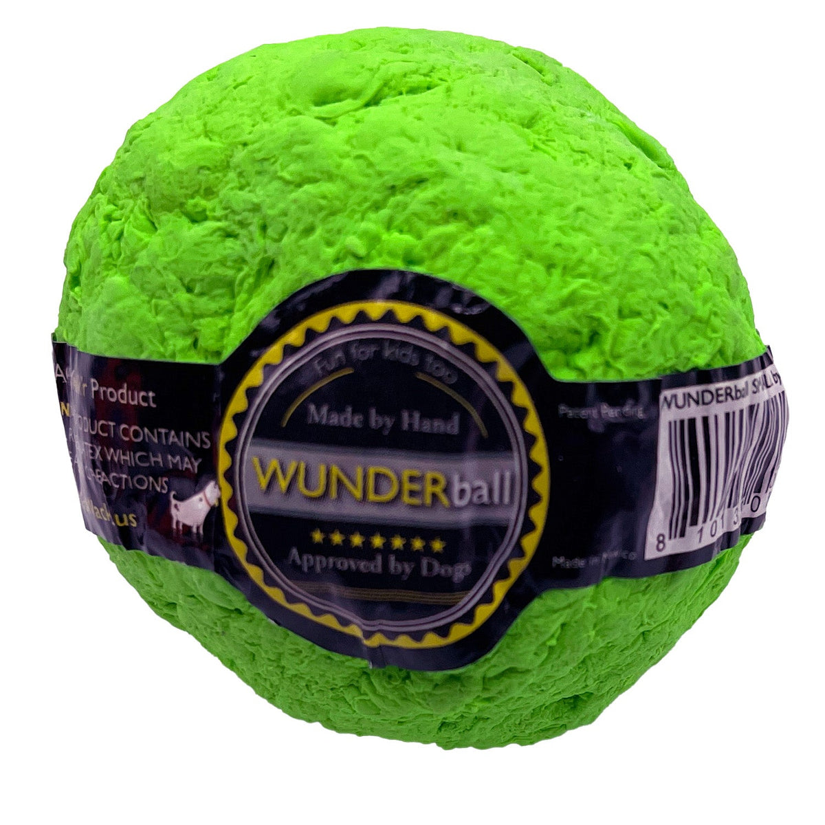 Green WUNDERball with its black label band reading Made by Hand, close-up of the textured rubber