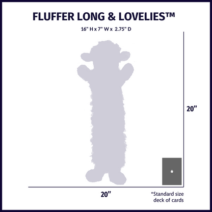 Louise Lamb long plush size chart: 16 in tall, 7 in wide and 2.75 in deep, shown with a deck of cards for scale