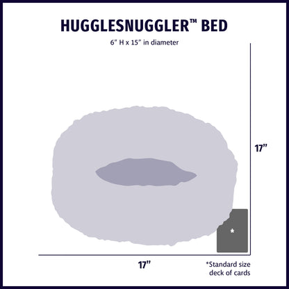 HuggleSnuggler bed size chart: 15 in across and 6 in tall, shown with a deck of cards for scale