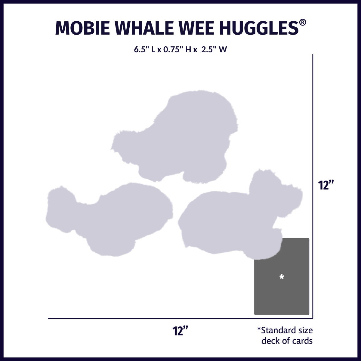 Mobie Whale Wee Huggles size chart: each whale 6.5 in long, 2.5 in wide and 0.75 in tall, deck of cards for scale