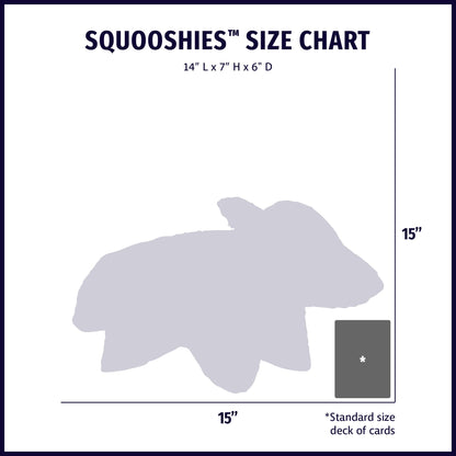 Squooshie Fox size chart: about 14 in long, 7 in tall and 6 in deep, with a deck of cards for scale