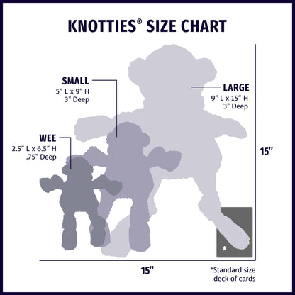 Knotties size chart for Morris Moose plush toy: Small 9 in tall, Large 15 in tall, both 3 in deep, deck of cards for scale