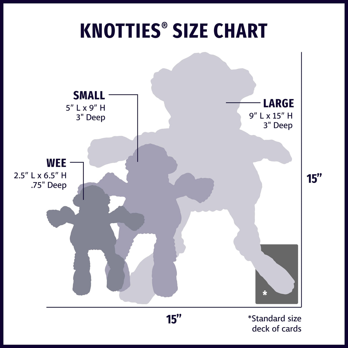Stuey Sock Monkey Knottie size chart: Small 9 in tall by 5 in, Large 15 in tall by 9 in, both 3 in deep