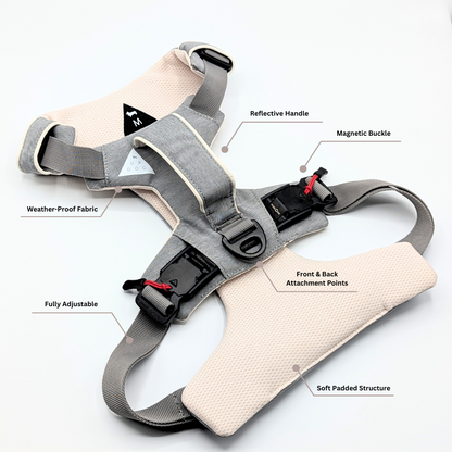 Gray Up Dog magnetic buckle harness laid flat with labels for the handle, buckles, and front and back clips
