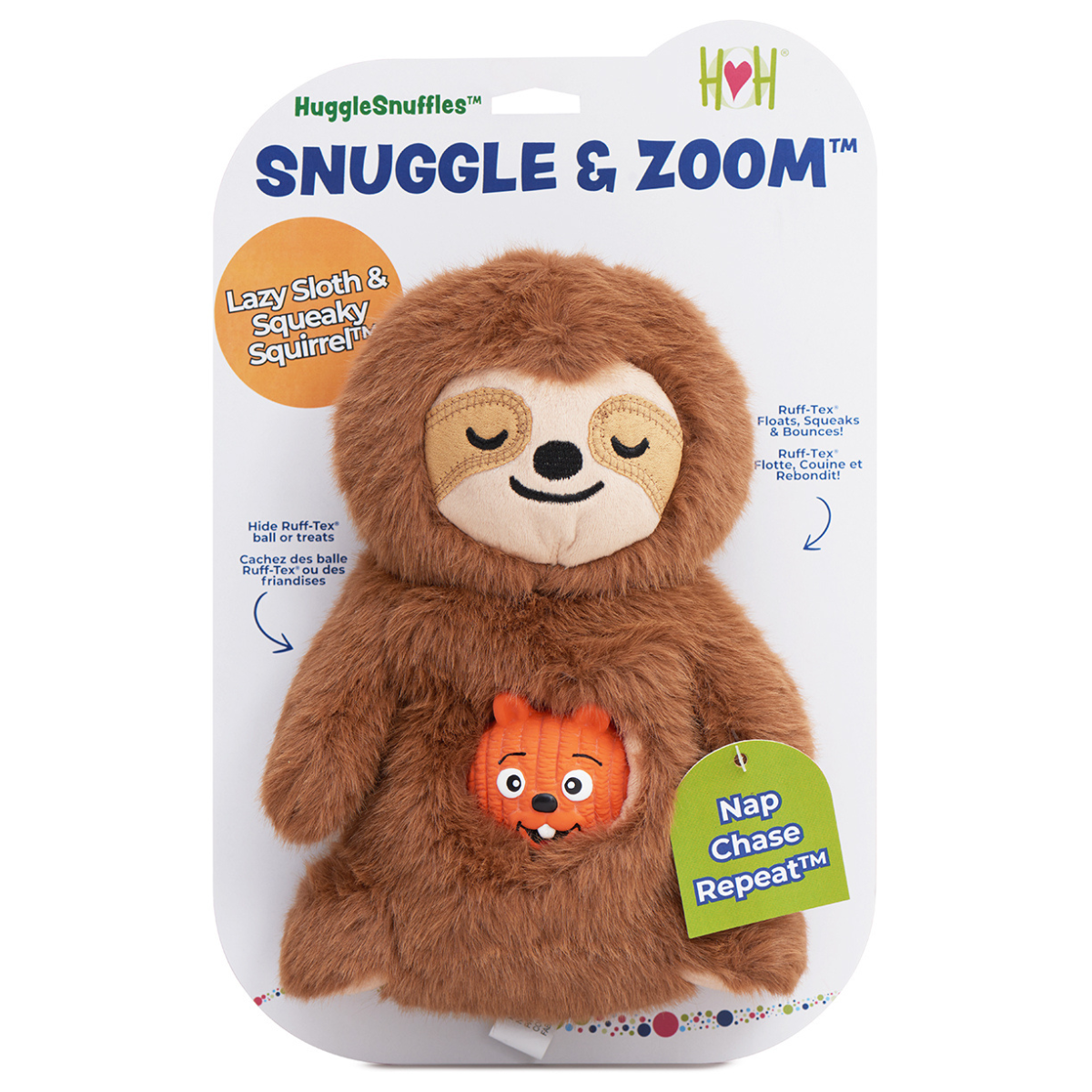 HuggleHounds Snuggle and Zoom Sloth dog toy in its retail packaging, orange squirrel ball tucked in the belly pocket