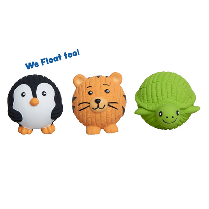 SnuffleSphere's three latex squeaky balls in a row, penguin, tiger and turtle, under the words We Float too